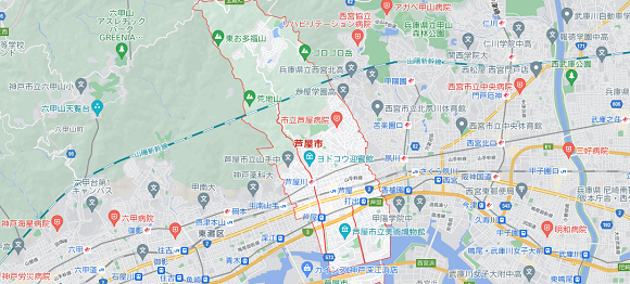 兵庫県芦屋市の地図